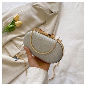 Detail of silver sequin clutch bag with gold bow clasp and elegant chain strap
