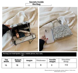 Size chart showing silver acrylic box bag dimensions with 112 cm chain strap