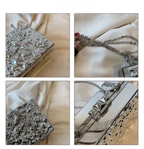 Detailed views of silver mirror-finish evening clutch with ripple texture and chain strap
