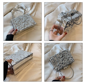 Detailed views of silver metallic box clutch with crinkled texture and metal handle