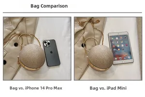 Comparaison de taille du sac de soirée sphérique métallisé avec un iPhone et un iPad