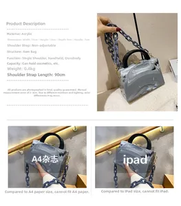 Detailed view of marble pattern bag with acrylic chain and A4 size comparison