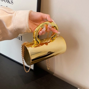 Bolso de Hombro Cilíndrico de Acrílico para Mujer Superficie de Espejo Clutch de Noche Con Asa Metálica y Correa de Cadena Dorada