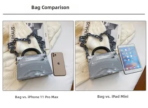Acrylic marble bag size comparison with iPhone 11 Pro Max and iPad mini handheld view