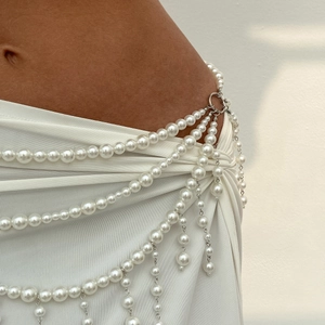 Multi-layer faux pearl body chain with tassel drape design for elegant waist styling