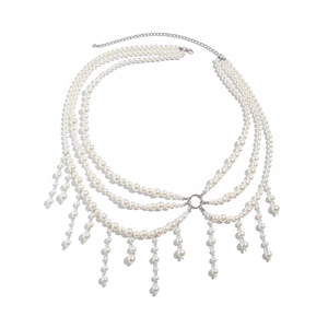 Three-layer faux pearl body chain necklace with fringe tassels in elegant silver finish