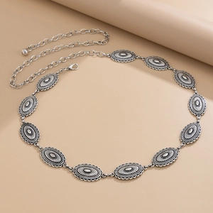 Bohemian retro silver metal waist chain with embossed oval plates and lobster clasp