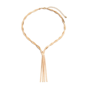 Gold flat snake bone chain necklace with twisted knot design and tassel fringe pendant