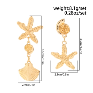 Detailed size measurement of gold ocean-themed starfish and shell fringe earrings