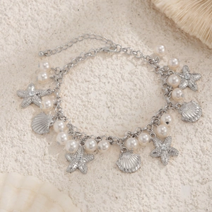 Bohemian silver shell starfish pearl anklet with adjustable chain on sand stone