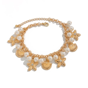 Bohemian gold starfish and seashell anklet with faux pearls and sparkling rhinestones