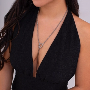 Elegant silver Y-shaped tassel necklace with heart slide clasp on female model
