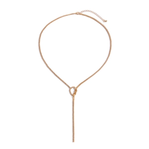 Elegant gold-tone Y-shaped box chain necklace featuring a minimalist knot and tassel