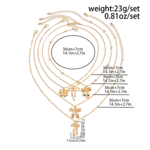 Detailed view of 5-layer gold necklace set with bow pendants and size specifications