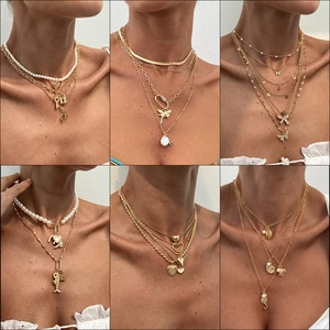 Multi Layered Necklace Alloy Imitation Artificial Pearl Butterfly Heart Star Shell Charms Bohemian Vintage Jewelry For Women