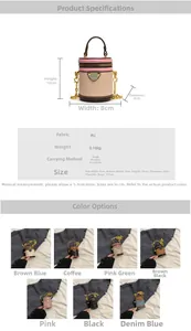 Detailed size specifications and multi-color options for mini leather bucket bag