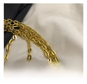 Close-up of high-quality gold metal chain strap with polished finish for bucket bag