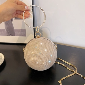 Sac de Soirée Forme de Balle pour Femme Poignée Anneau en Strass Pochette Pailletée Sac Bandoulière Chaîne Amovible Mariage Fête