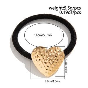 Detailed size chart of hammered gold heart pendant hair tie with measurements