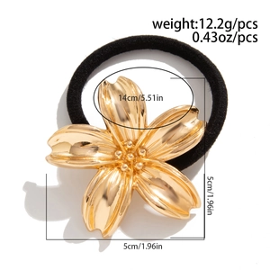 Detail of gold flower ponytail holder with size measurements and elastic band