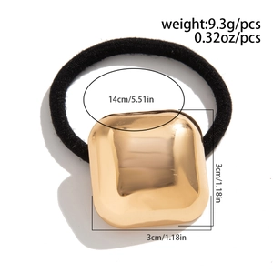Detailed view of elastic ponytail holder with square gold metal charm and dimensions