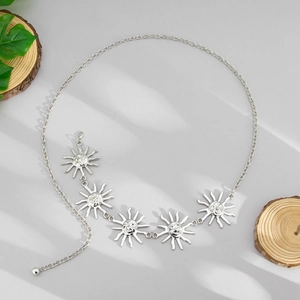 Silver waist chain with five sun pendants featuring face relief and adjustable link closure