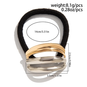 Detail view of gold and silver metal hair tie showing precise 8.1g weight and size data
