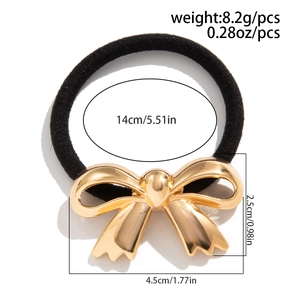 Detailed size chart for black elastic hair tie with polished gold metal bow ornament
