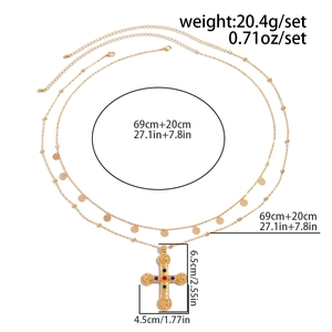 Detailed view of gold beaded waist chain with dimensions and colored cross pendant