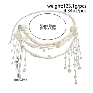 Detail showing pearl body chain measurements, 123g weight and 73+20cm adjustable length
