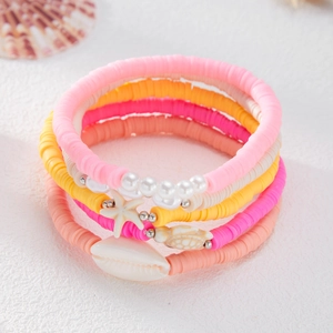 Lot de 5 bracelets de cheville bohème en perles d'argile avec étoiles de mer et coquillages