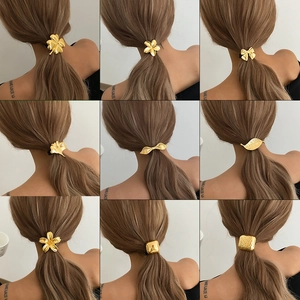 Fashion Metal Hair Ties For Women Alloy Gold Silver Bowknot Flower Heart Clover Leaf Geometric Square Elastic Hair Rope Ponytail Holder Hair Accessories