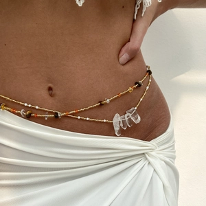 Bohemian double-layer waist chain with beads and natural white crystal stone pendants