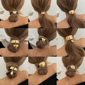 Metal Hair Ties Elastic Bands With Heart Pendant Geometric Alloy Ponytail Holder Minimalist French Style Hair Accessories