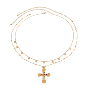 Golden double-layer body chain with ornate jewel-encrusted cross pendant and metal discs