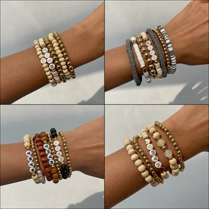 Bohemian Multilayer Bracelets Women MAMA Letter Heart Charm Wood Polymer Clay Beaded Jewelry Handmade Accessories Gift