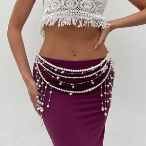 Elegant Multi-layer Imitation Artificial Pearl Body Chain For Women Bohemian Tassel Waist Chain With Flower Pendant Metal Jewelry