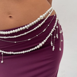 Elegant multi-layer pearl body chain with tassel pendant waist jewelry for women