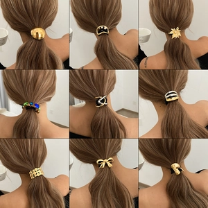 Fashion Alloy Geometric Hair Ties For Women Vintage Irregular Gold Silver Pearl Rhinestone Elastic Hair Bands Ponytail Holder