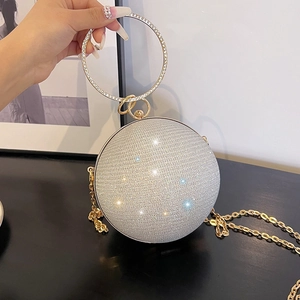 Sac de soirée sphérique argenté de luxe avec strass, poignée en métal et chaîne dorée