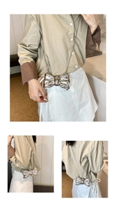 Three-way view of silver bow-shaped mirror acrylic bag with delicate chain strap