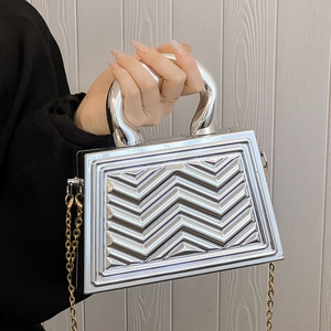 Silver Metallic Handbag With Gold Chain Strap Chevron Pattern Hard Shell Top Handle Evening Clutch Bag
