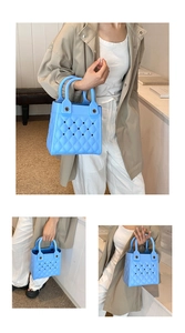 Detailaufnahme der hellblauen EVA-Tasche mit Rautensteppmuster und hohlen Belüftungslöchern