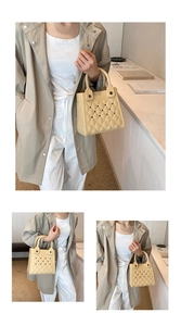 Detailansicht der beigen EVA-Tasche mit Rautensteppung und Laser-Cut-Design