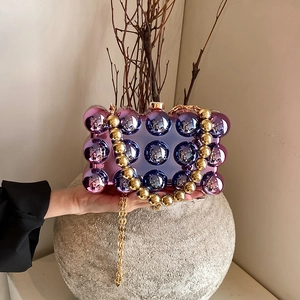 Fashion acrylic evening bag with purple gradient spheres and gold bead chain strap