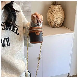 Mini cylinder crossbody bucket bag with gold chain strap shown on a model in a home setting