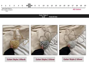 Close-up of heart-shaped rhinestone mini bags in gold, black and silver colors