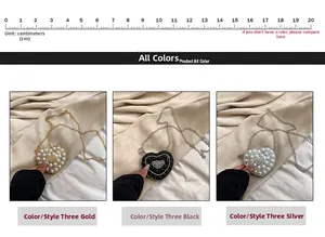 Mini heart-shaped pearl bags with chain straps in gold, black, and silver finishes