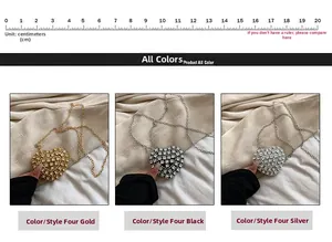 Detailed size comparison of heart-shaped rhinestone mini bags in gold, silver and black colors