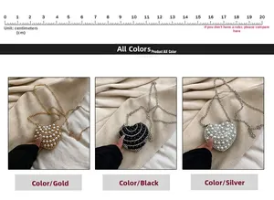 Three heart-shaped pearl mini crossbody bags in gold, black, and silver with metal chains